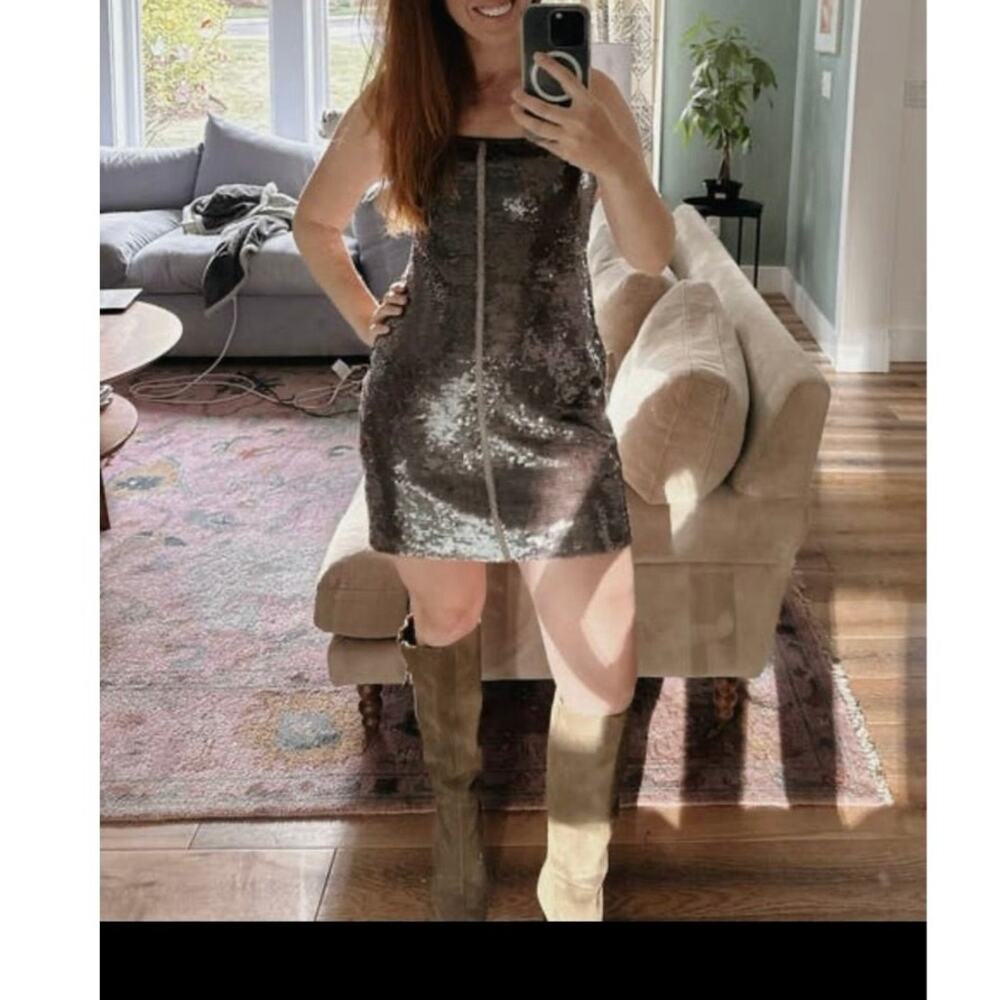 A.L.C. Brown Sequin Adjustable Strap Square Neck Sleeveless Dani Mini Dress sz S - Picture 14 of 16